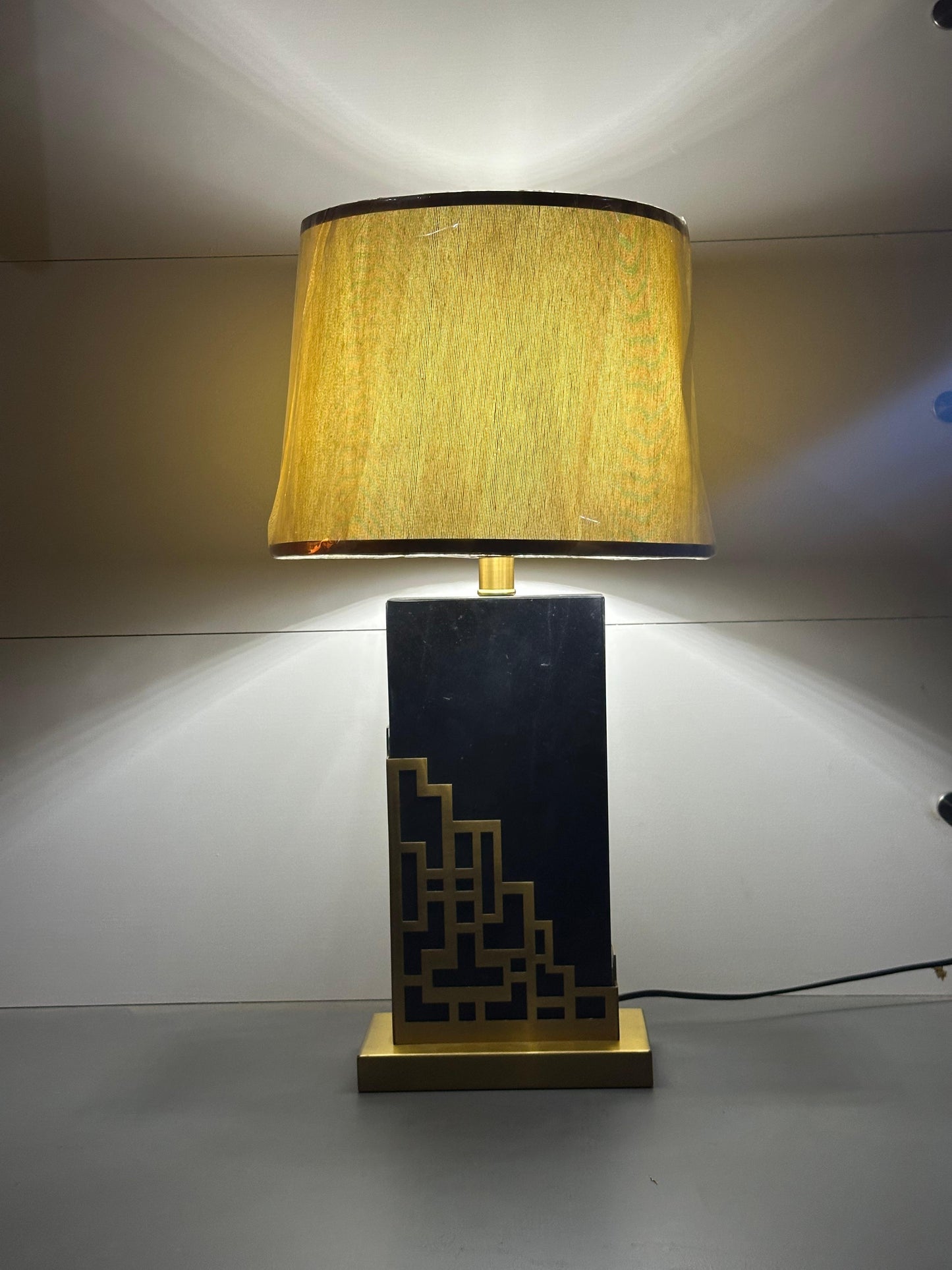 Modern Geometric Cage Table Lamp - Gold/Brass Finish & Soft Fabric Shade