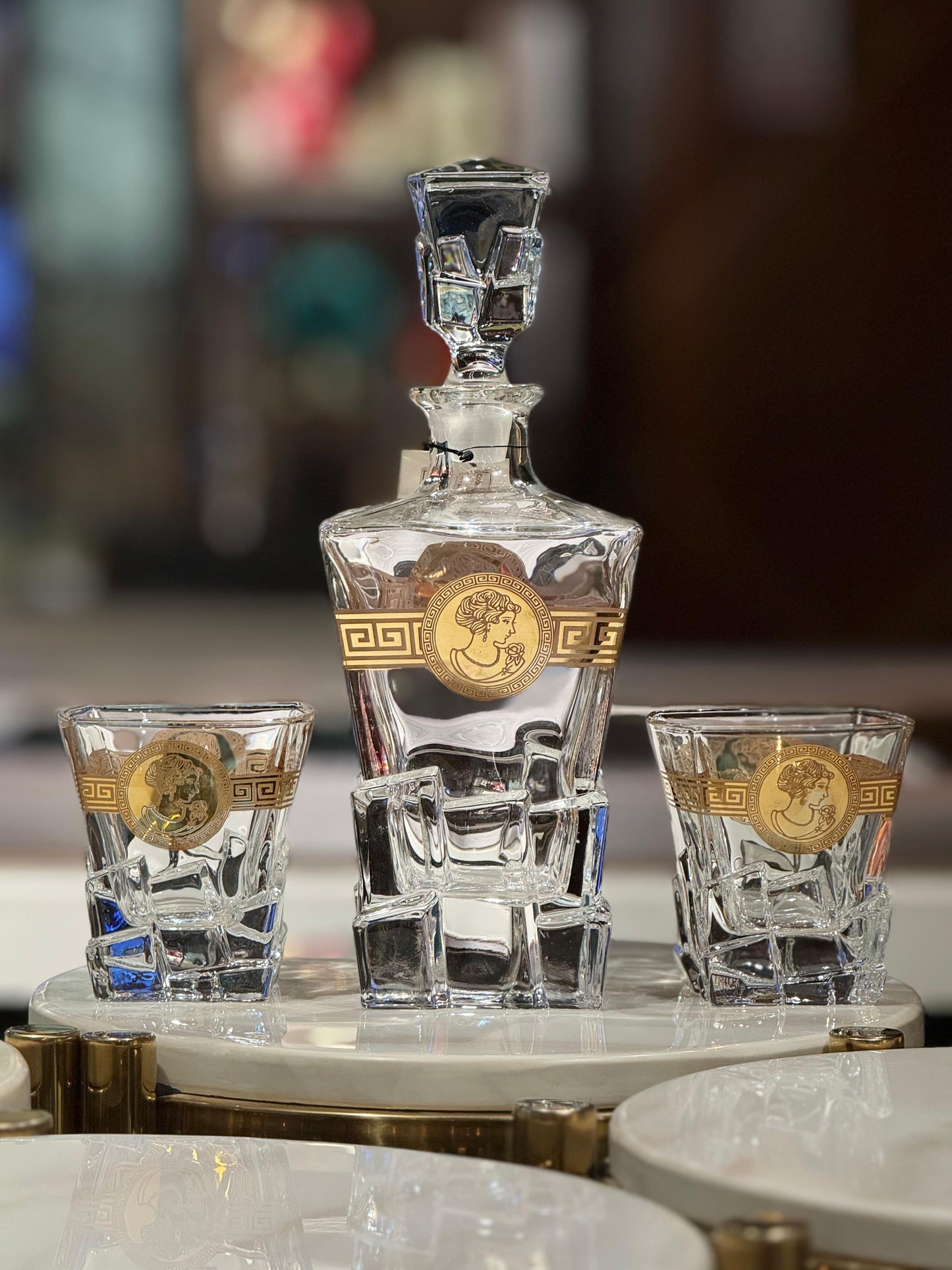 Opulent Crystal Decanter with Medallion & Greek Key Gold Detail | 6 Matching Tumblers