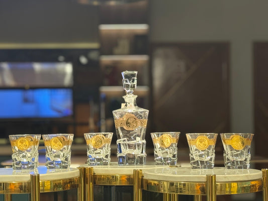 Opulent Crystal Decanter with Medallion & Greek Key Gold Detail | 6 Matching Tumblers