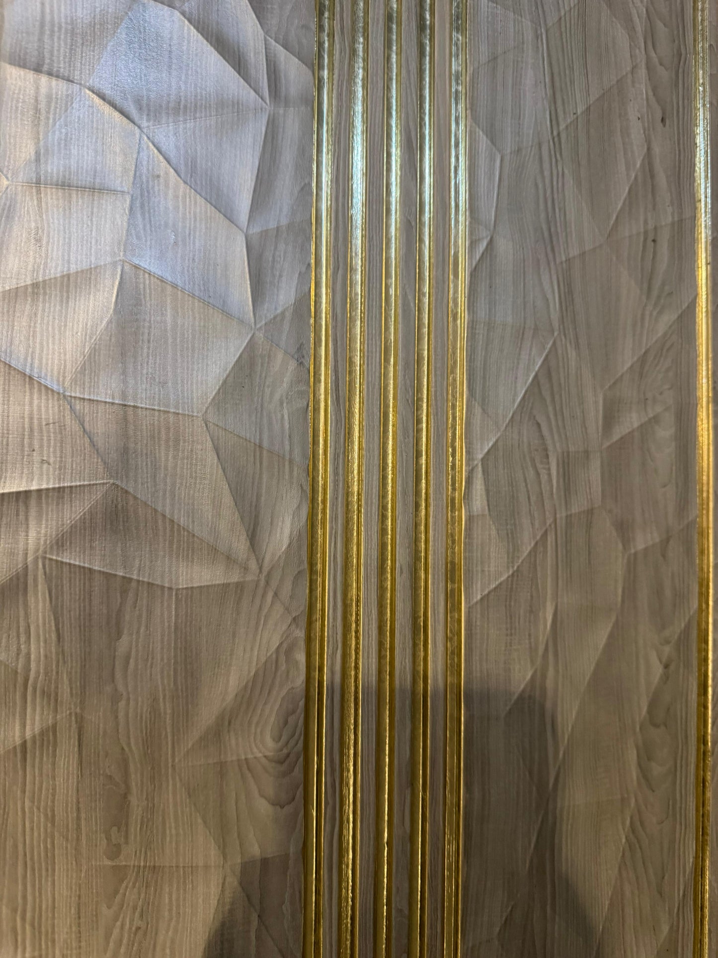 Artistic Geometric Wood Wall Panel with Golden Vertical Accents