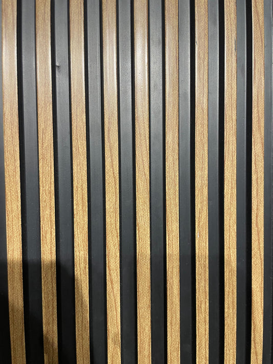 Natural Wood Slatted Wall Panel with Black Accents | Modern Acoustic Design