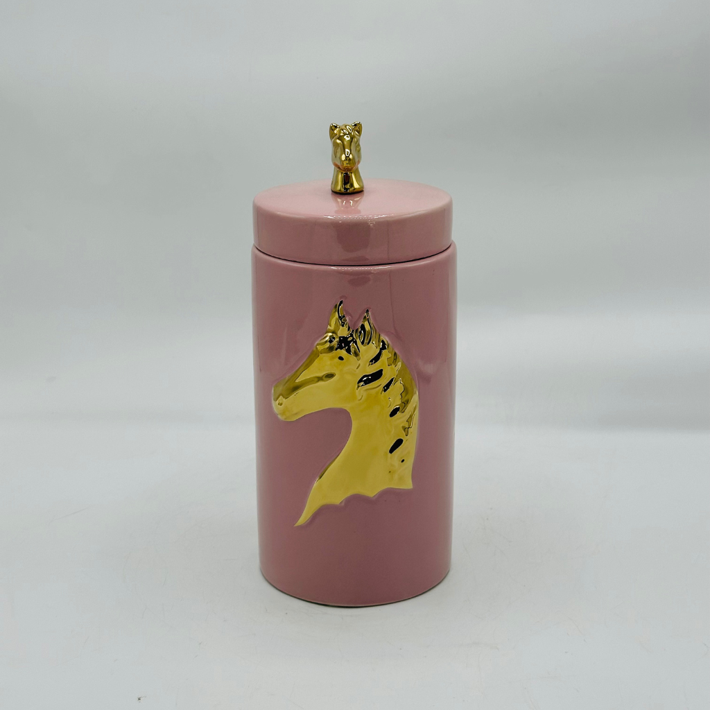 Set of 2 Elegant Pink Ceramic Decorative Jar with Sculpted Gold Horse Head Accents