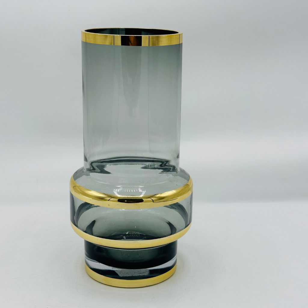 Elegant Mel Rin Style Smoky Gray Glass Vase with Gold Bands - Modern Decorative Vase