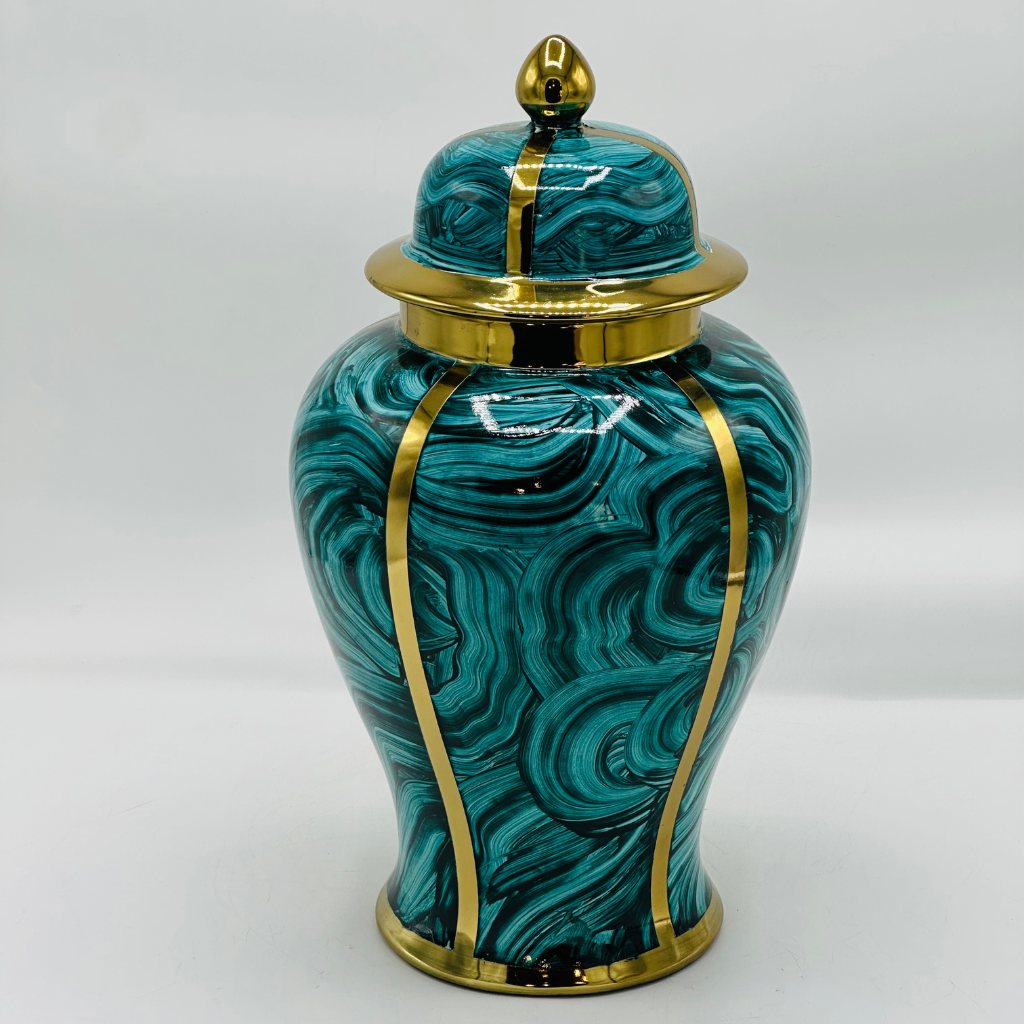 Elegant Teal & Gold Marbled Ceramic Ginger Jar with Lid - Decorative Urn
