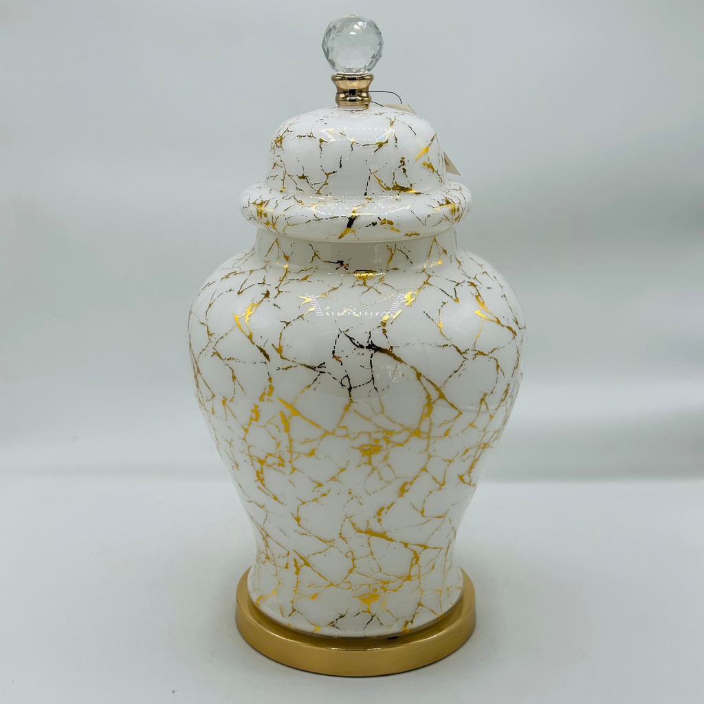 Elegant Forest Green & Gold Crackle Glaze Ceramic Ginger Jar with Crystal Knob - Decorative Urn