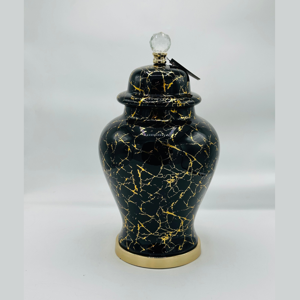 Elegant Forest Green & Gold Crackle Glaze Ceramic Ginger Jar with Crystal Knob - Decorative Urn