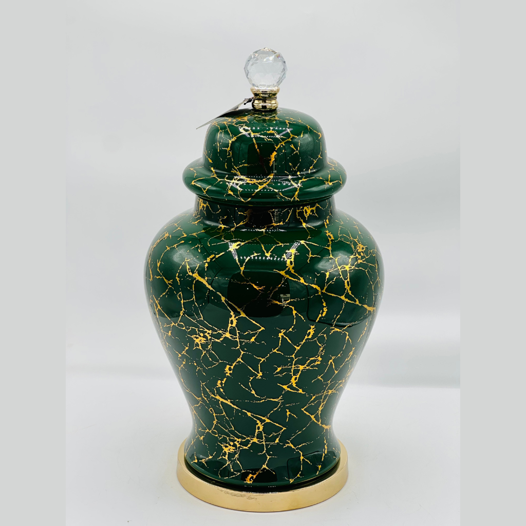 Elegant Forest Green & Gold Crackle Glaze Ceramic Ginger Jar with Crystal Knob - Decorative Urn