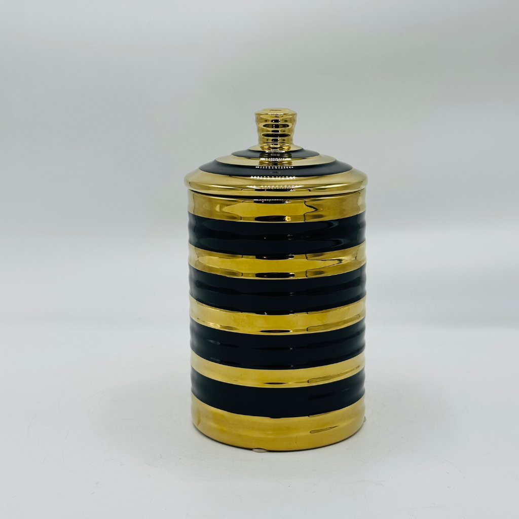 Elegant Black & Gold Striped Ceramic Storage Jar with Lid - Decorative Canister