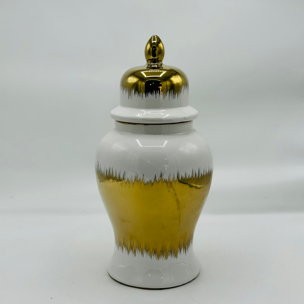Elegant White & Gold Brushstroke Ceramic Ginger Jar with Lid - Decorative Urn