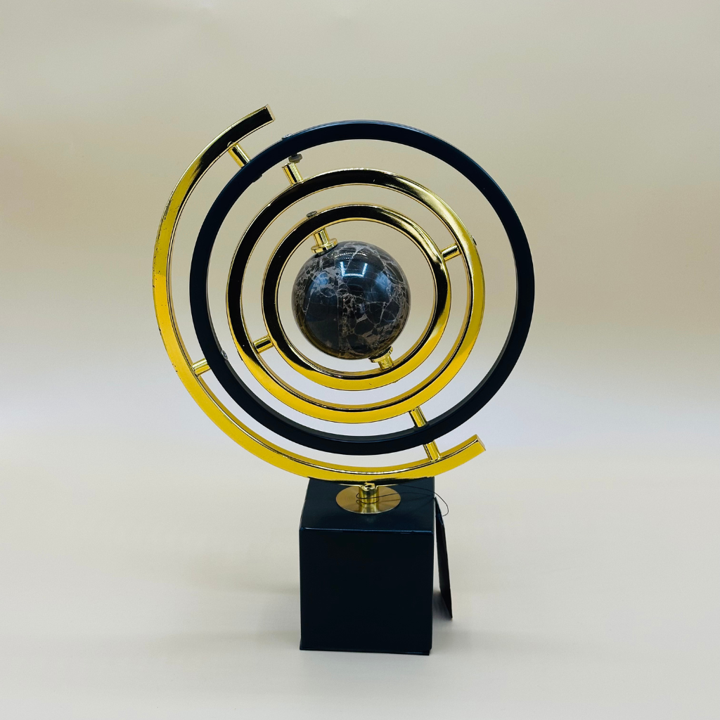 Modern Abstract Metal and Stone Globe Sculpture - Decorative Orbit Ornament