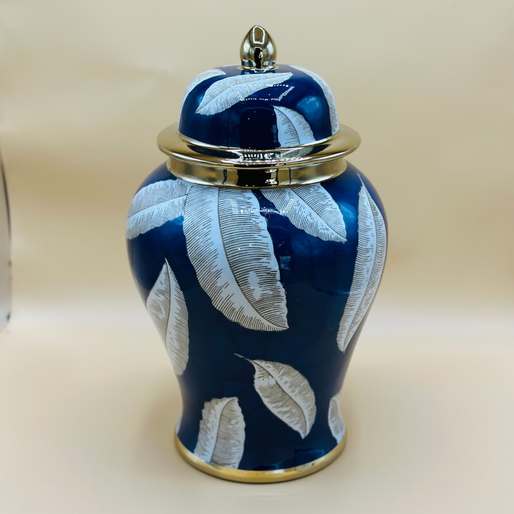 Elegant Teal & Gold Marbled Ceramic Ginger Jar with Lid - Decorative Urn